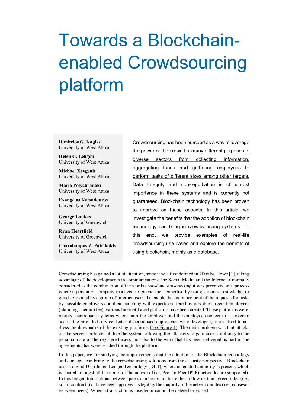Towards a Blockchain- Enabled Crowdsourcing Platform