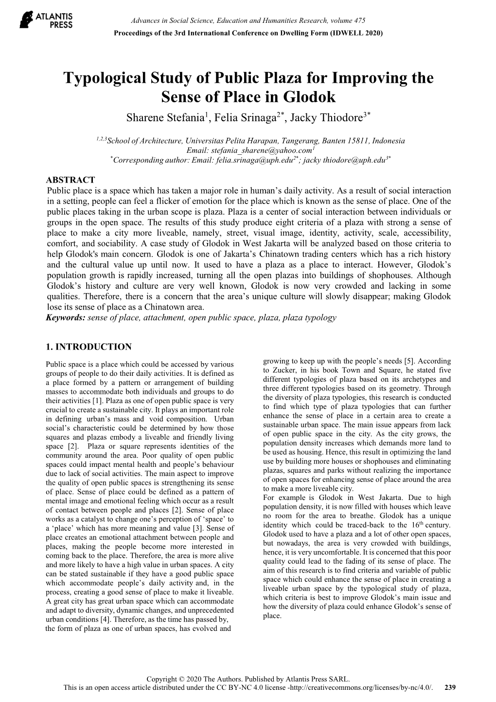 Typological Study of Public Plaza for Improving the Sense of Place in Glodok