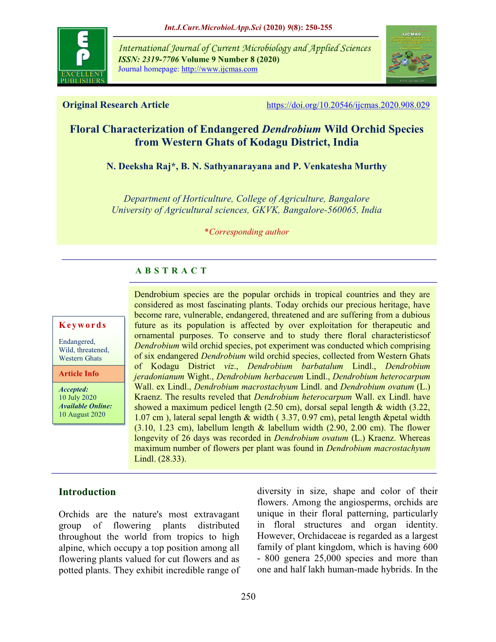 Floral Characterization of Endangered Dendrobium Wild Orchid Species from Western Ghats of Kodagu District, India