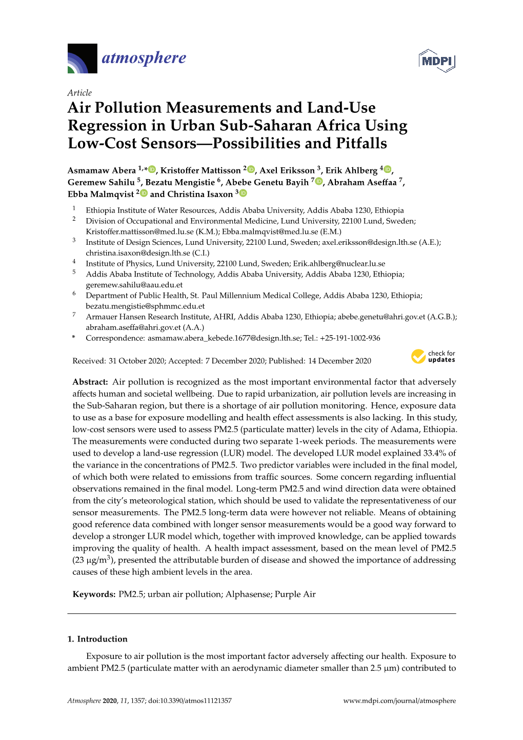 Air Pollution Measurements and Land-Use Regression in Urban Sub-Saharan Africa Using Low-Cost Sensors—Possibilities and Pitfalls