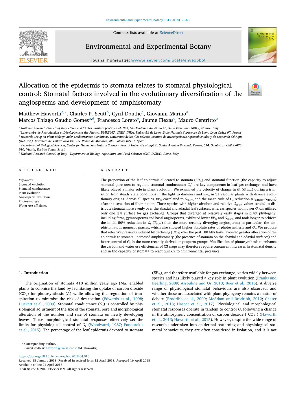 Stomatal Factors Involved in the Evolutionary Diversiﬁcation of the Angiosperms and Development of Amphistomaty ⁎ Matthew Hawortha, , Charles P