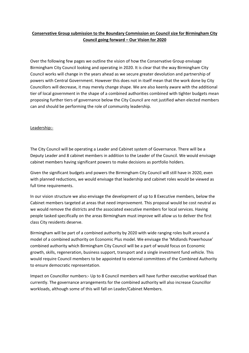 Conservative Group Submission to the Boundary Commission on Council Size for Birmingham City Council Going Forward – Our Vision for 2020