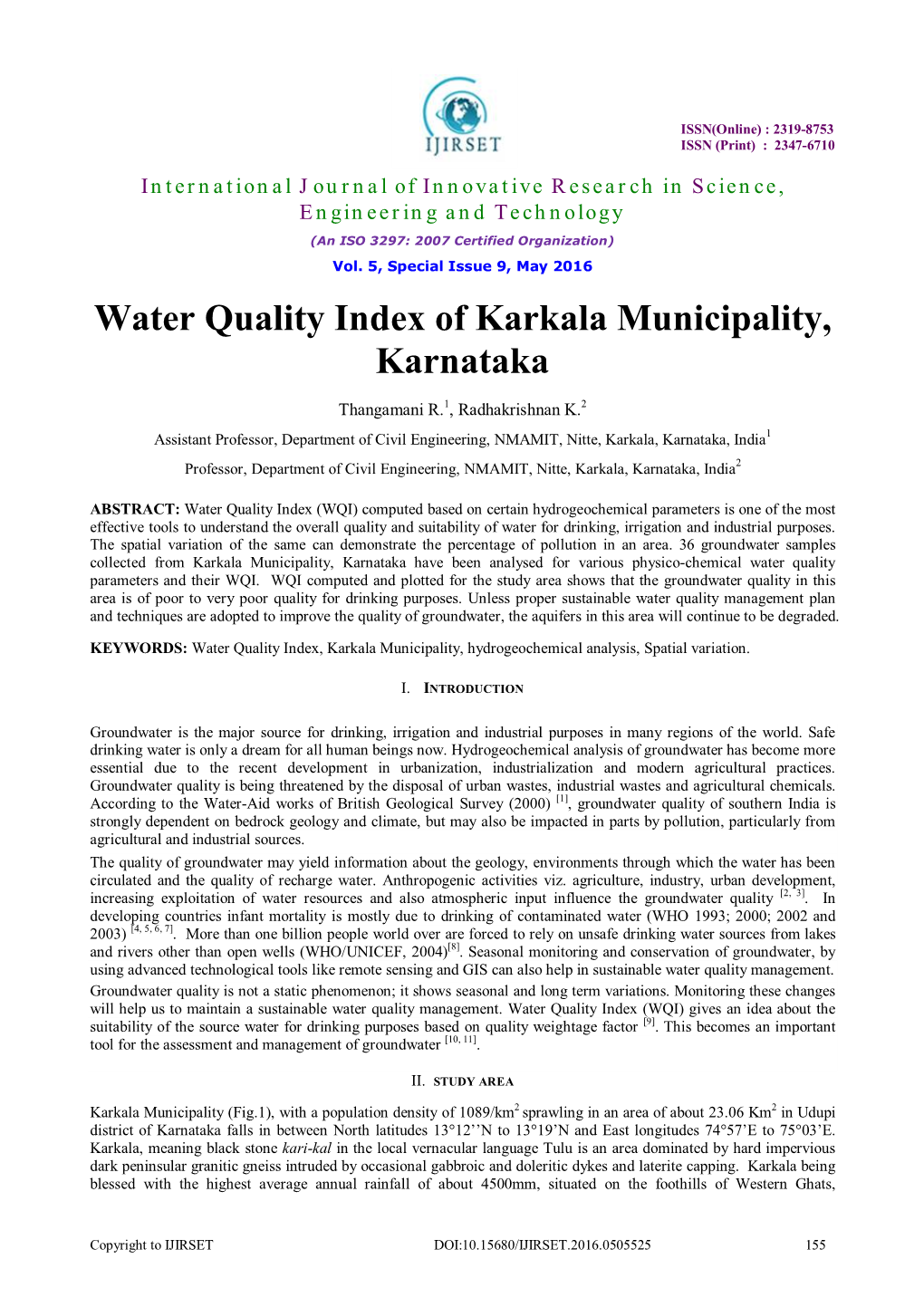 Water Quality Index of Karkala Municipality, Karnataka