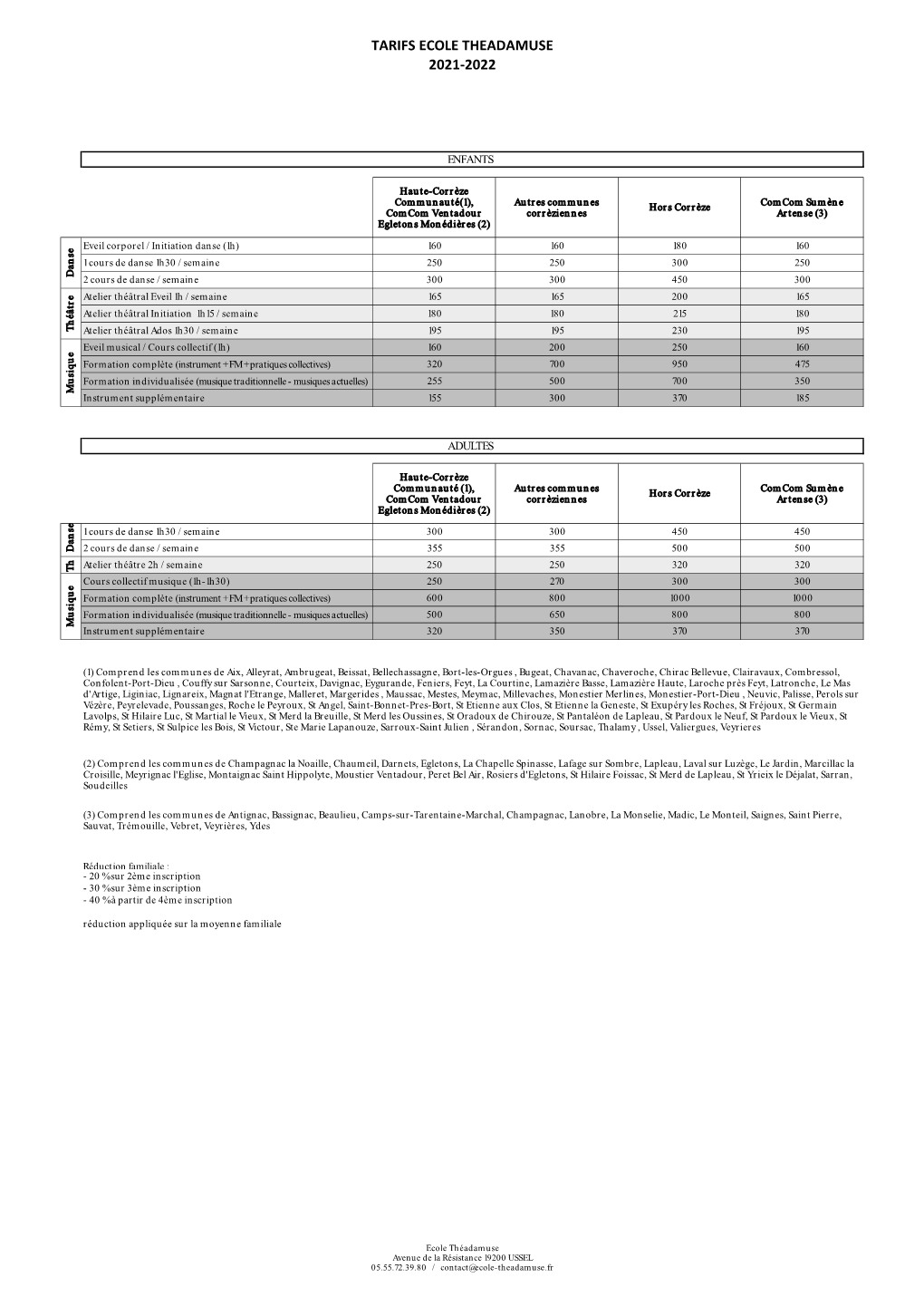 Tarifs Ecole Theadamuse 2021-2022
