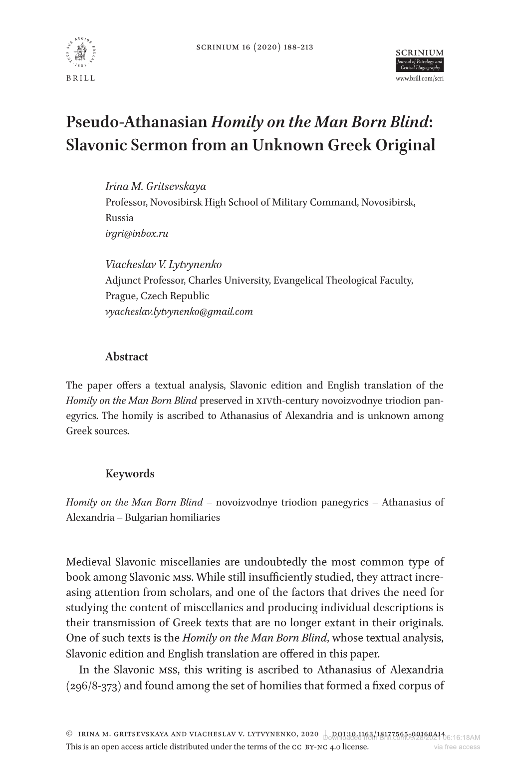 Pseudo-Athanasian Homily on the Man Born Blind: Slavonic Sermon from an Unknown Greek Original