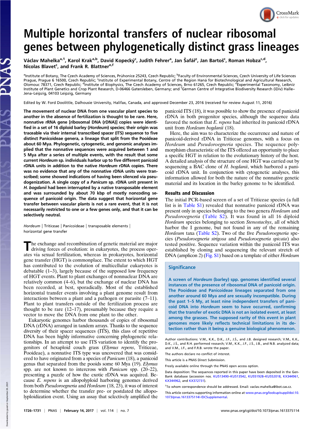 Multiple Horizontal Transfers of Nuclear Ribosomal Genes Between Phylogenetically Distinct Grass Lineages