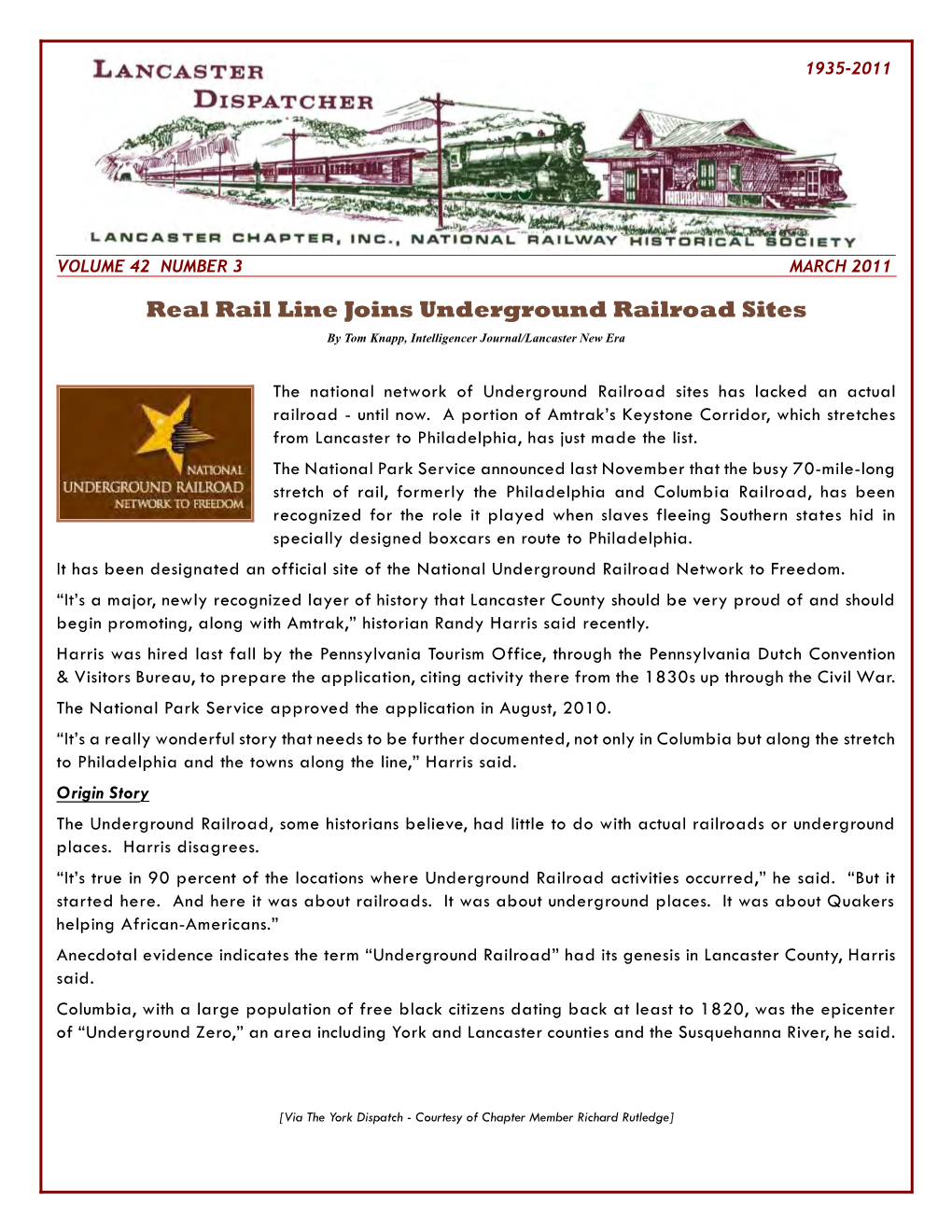 Real Rail Line Joins Underground Railroad Sites by Tom Knapp, Intelligencer Journal/Lancaster New Era
