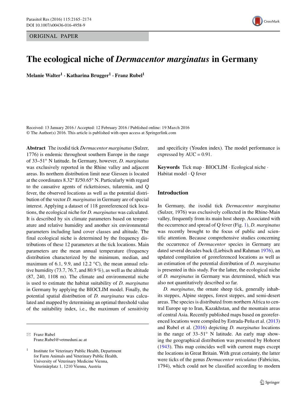 The Ecological Niche of Dermacentor Marginatus in Germany