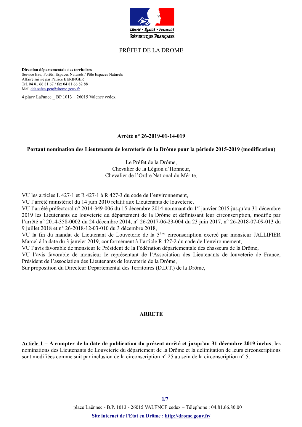 26-2019-01-14-019 Portant Nomination Des Lieutenants De Louveterie (Depart JALLIFIER)