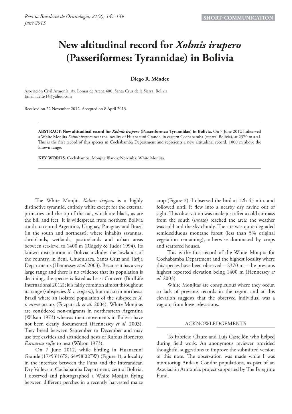 New Altitudinal Record for Xolmis Irupero (Passeriformes: Tyrannidae) in Bolivia