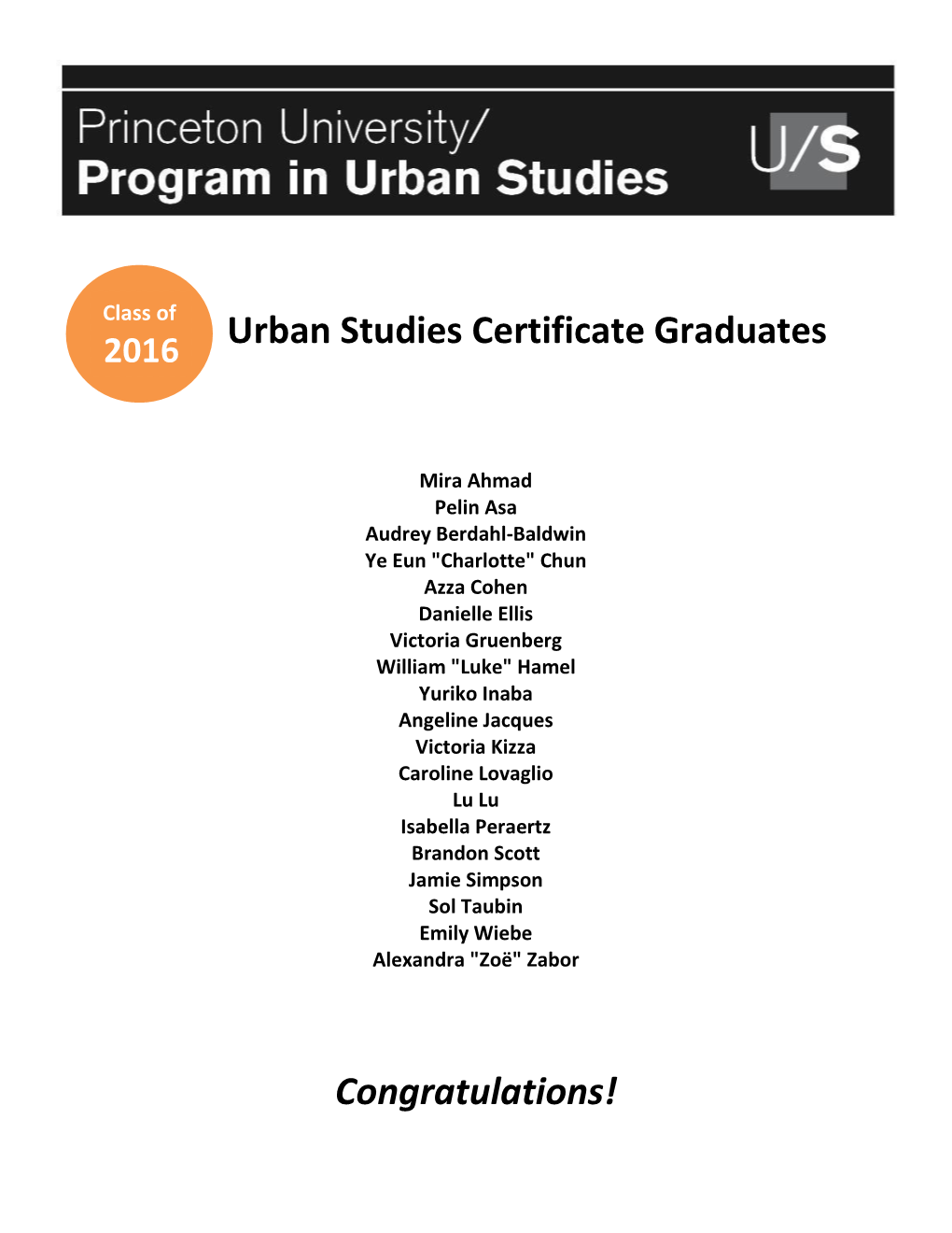 Urban Studies Certificate Graduates Congratulations!