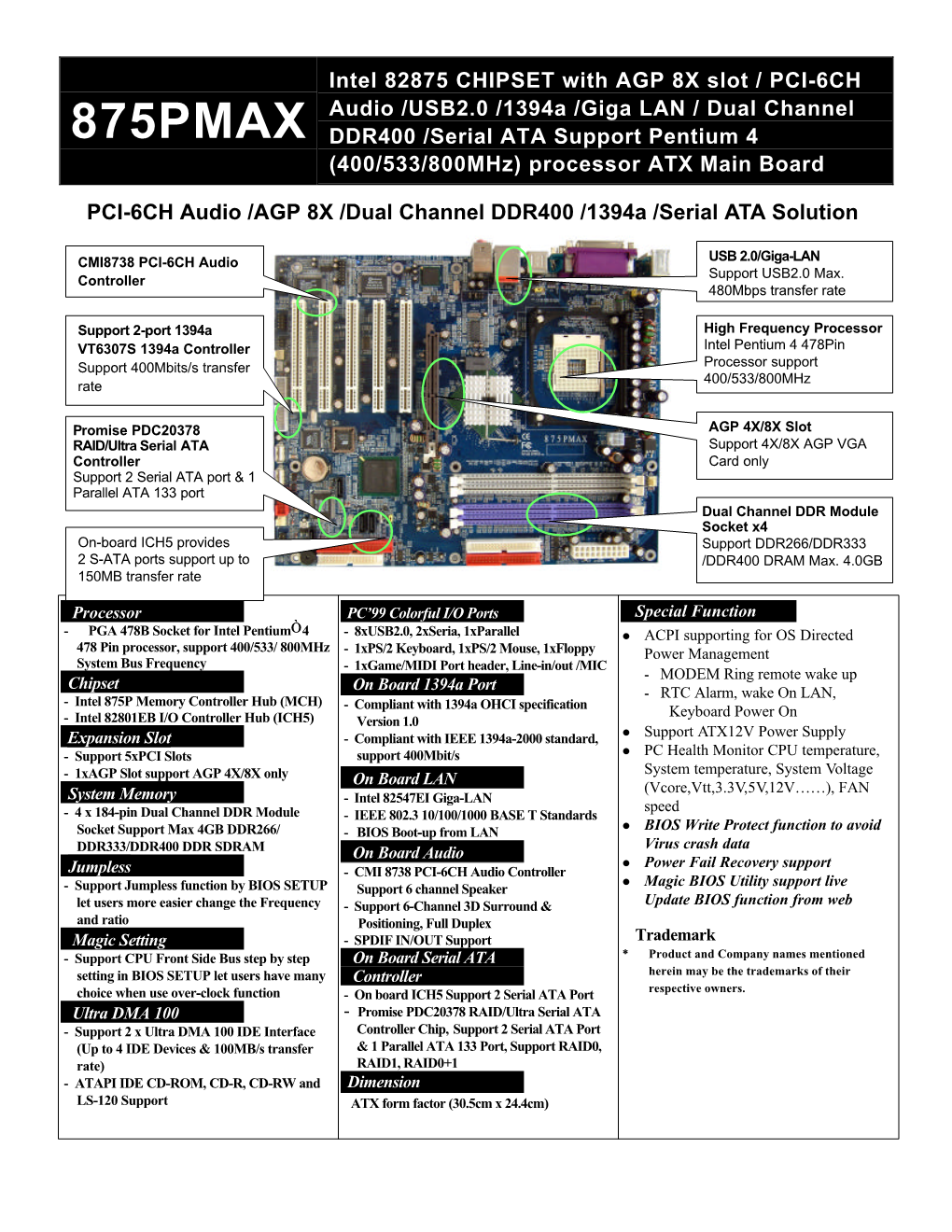 875PMAX DDR400 /Serial ATA Support Pentium 4 (400/533/800Mhz) Processor ATX Main Board