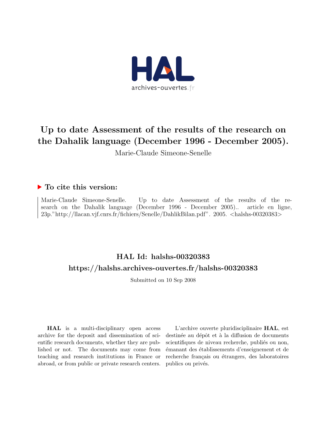 Up to Date Assessment of the Results of the Research on the Dahalik Language (December 1996 - December 2005)