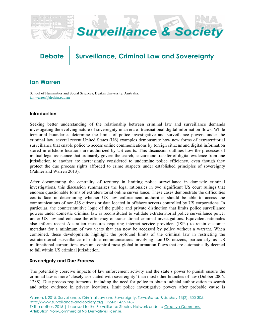 Debate Surveillance, Criminal Law and Sovereignty