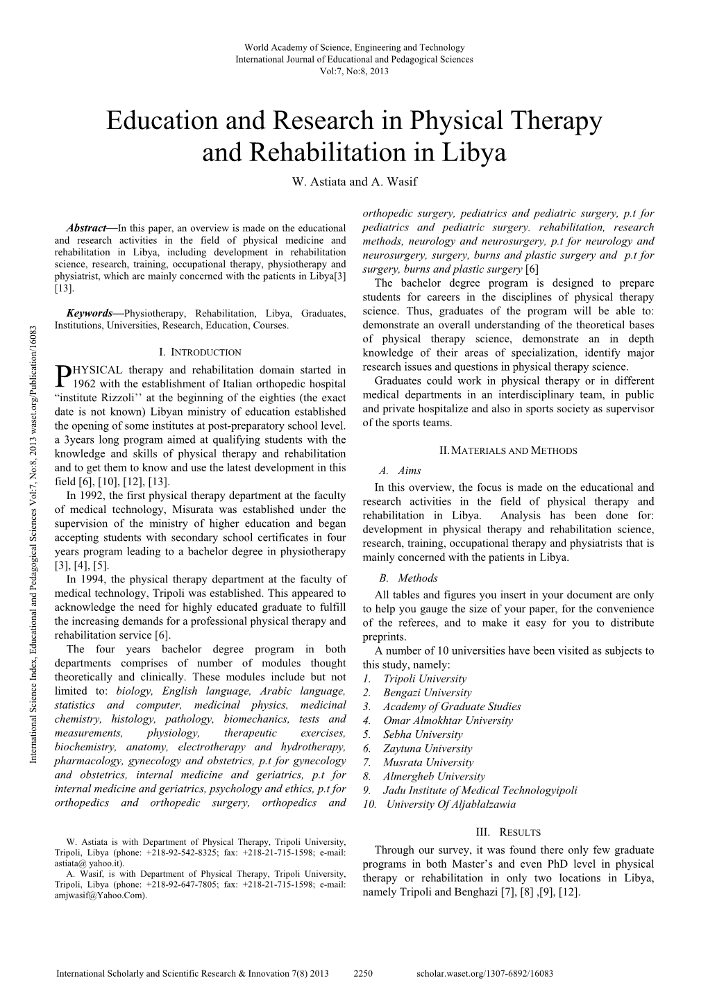 Education and Research in Physical Therapy and Rehabilitation in Libya W