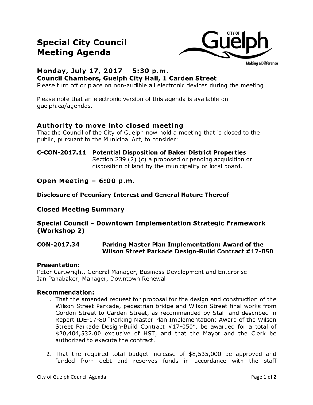 Special City Council Meeting Agenda