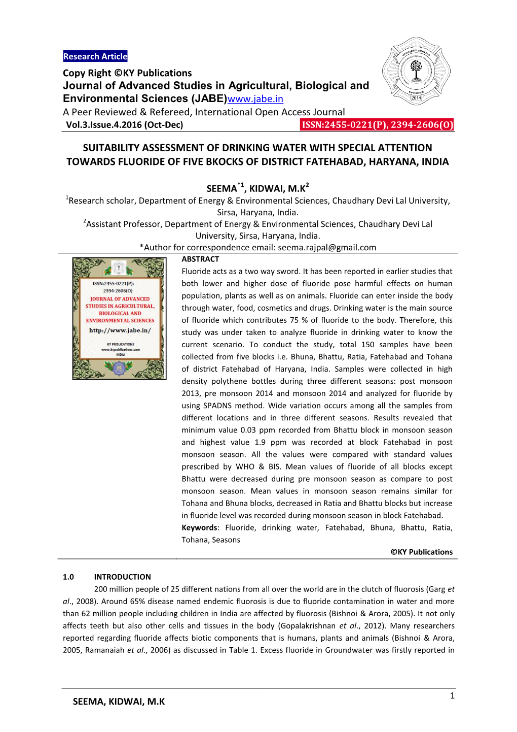 Suitability Assessment of Drinking Water with Special Attention Towards Fluoride of Five Bkocks of District Fatehabad, Haryana, India