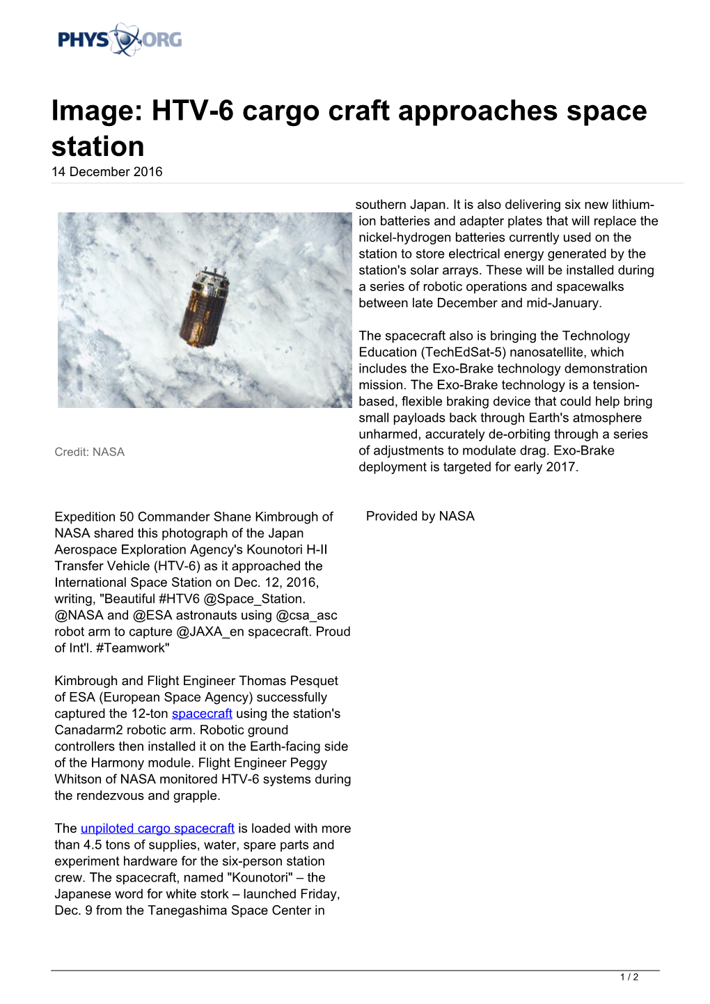 HTV-6 Cargo Craft Approaches Space Station 14 December 2016