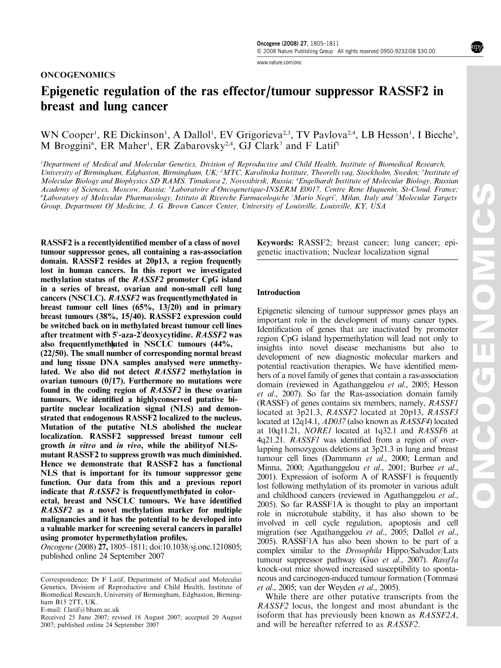 Epigenetic Regulation of the Ras Effector/Tumour Suppressor RASSF2 in Breast and Lung Cancer