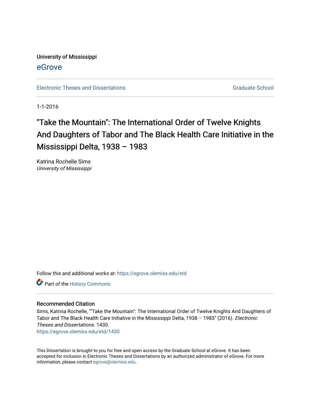 The International Order of Twelve Knights and Daughters of Tabor and the Black Health Care Initiative in the Mississippi Delta, 1938 – 1983