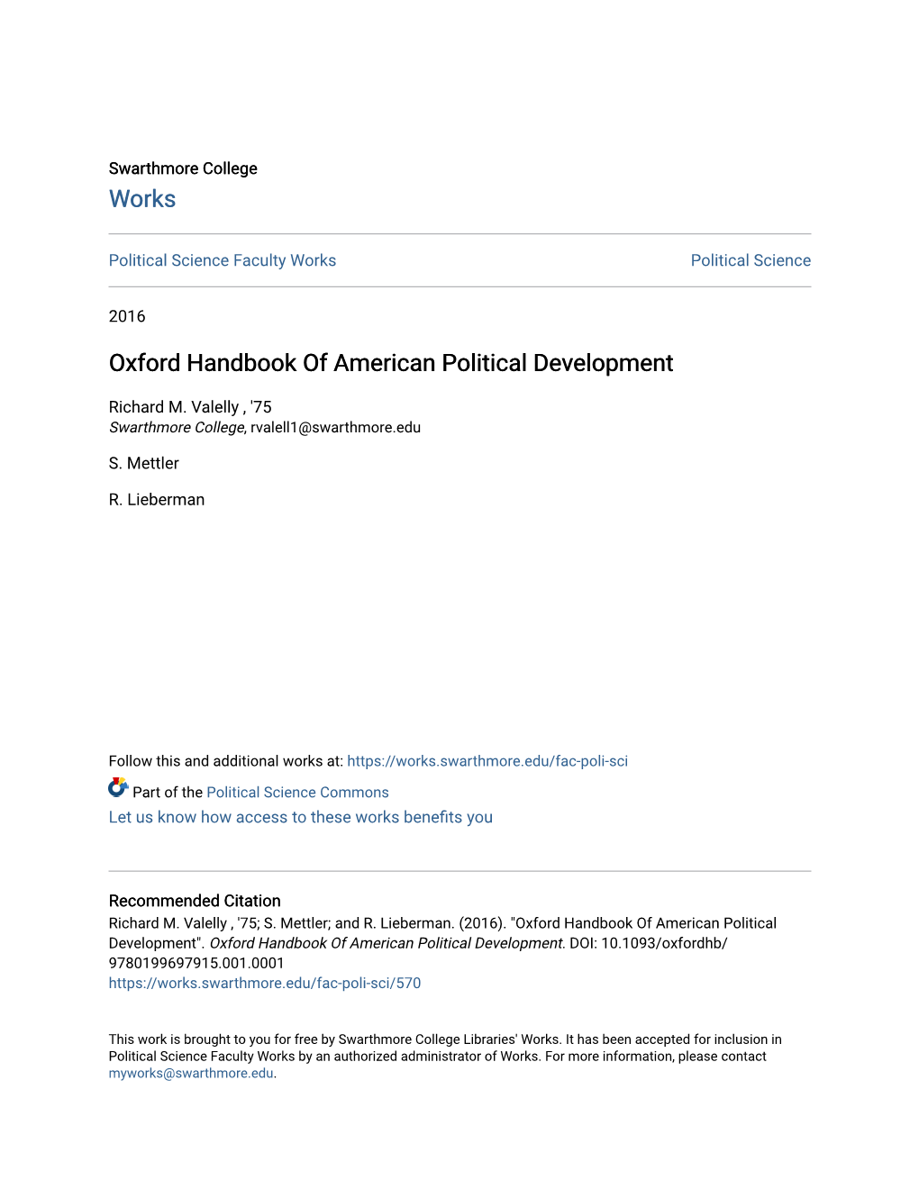 Oxford Handbook of American Political Development