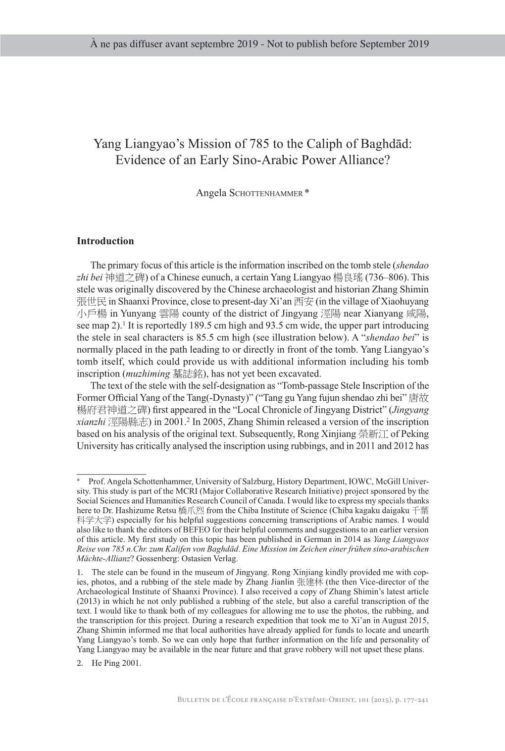 Yang Liangyao's Mission of 785 to the Caliph of Baghdād
