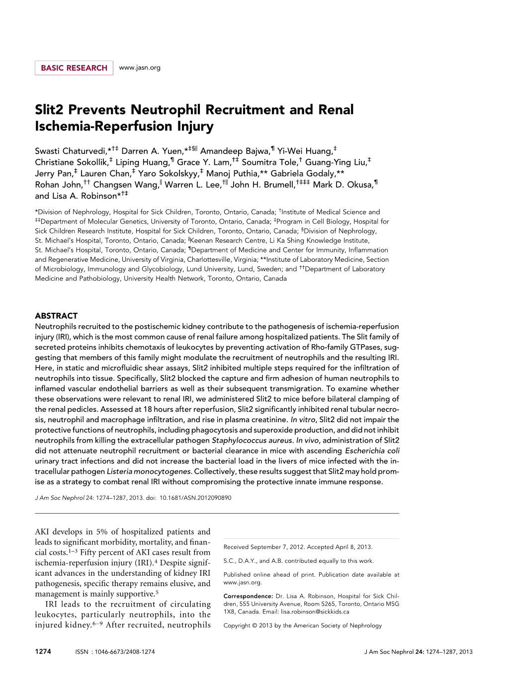 Slit2 Prevents Neutrophil Recruitment and Renal Ischemia-Reperfusion Injury