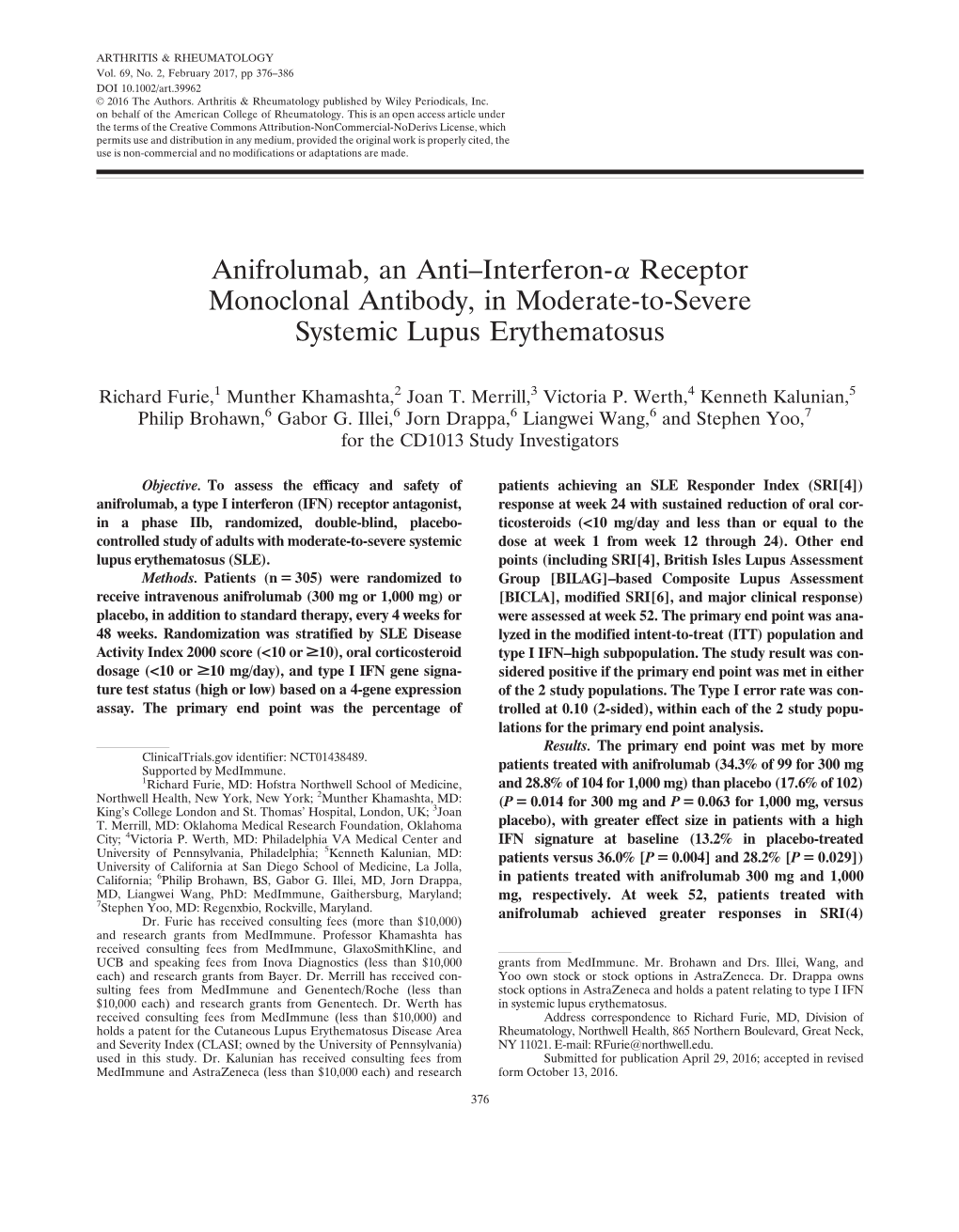 Anifrolumab, an Anti&#X02013;Interferon&#8208;&#945; Receptor Monoclonal Antibody, in Moderate-To-Severe Systemic Lu