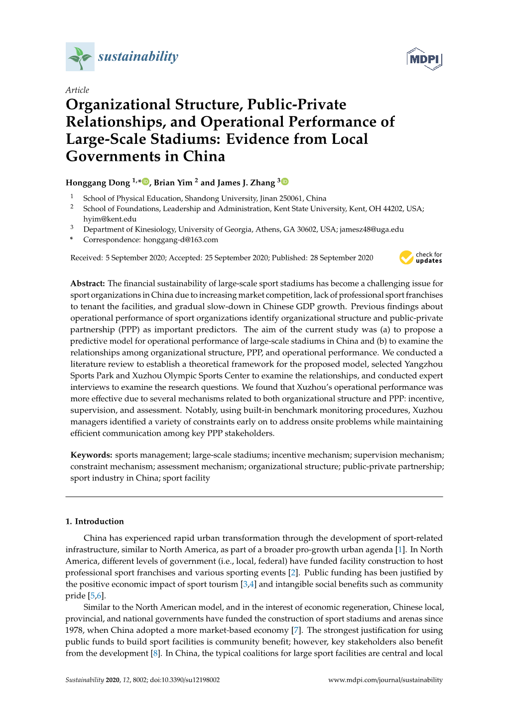 Organizational Structure, Public-Private Relationships, and Operational Performance of Large-Scale Stadiums: Evidence from Local Governments in China