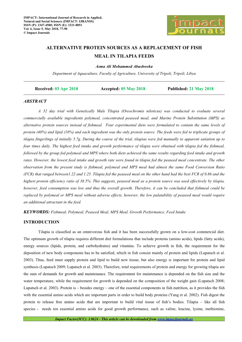 Alternative Protein Sources As a Replacement of Fish Meal in Tilapia Feeds