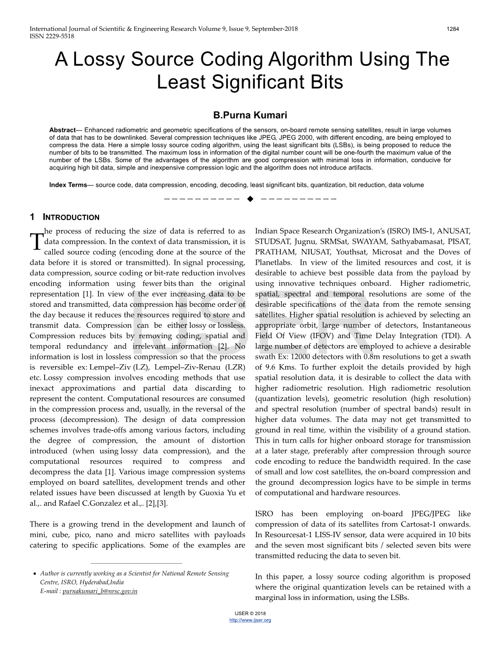 A Lossy Source Coding Algorithm Using the Least Significant Bits