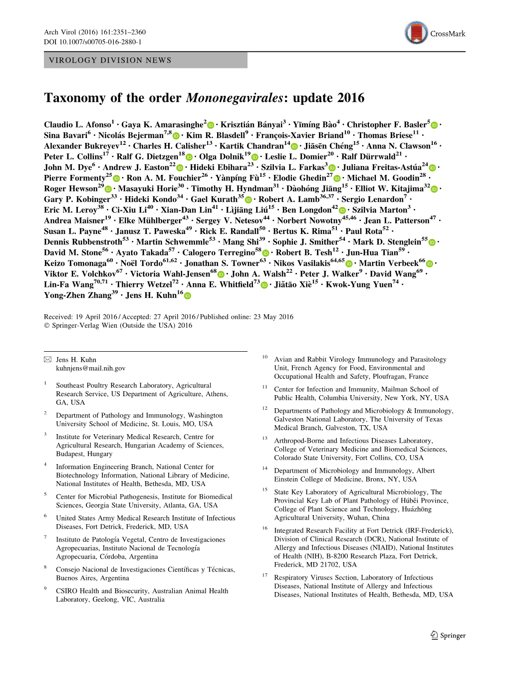 Taxonomy of the Order Mononegavirales: Update 2016