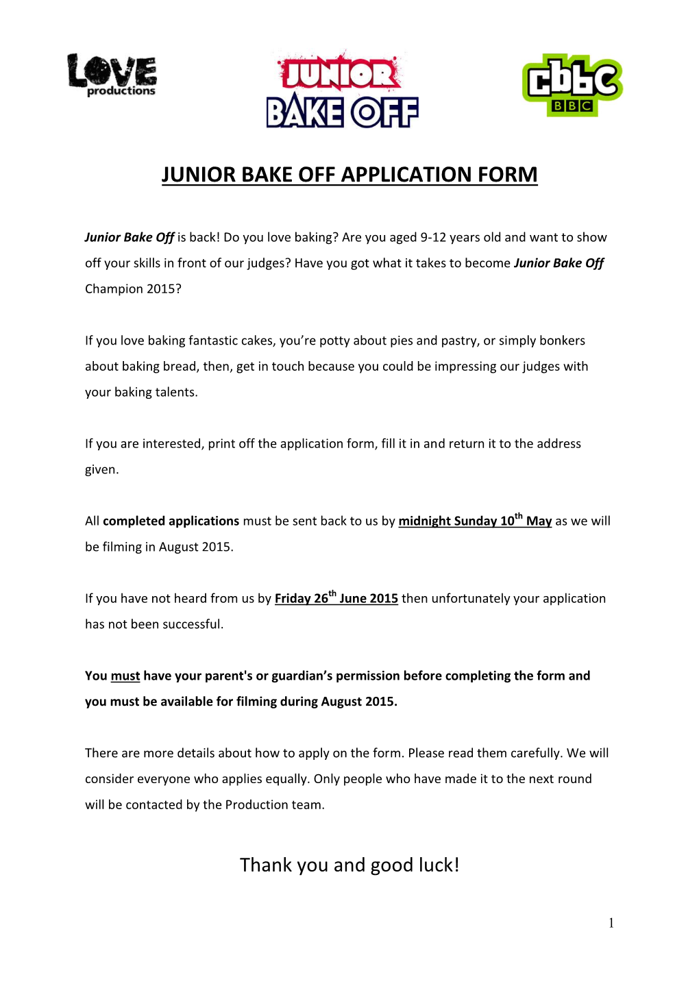 Junior Bake Off Application Form