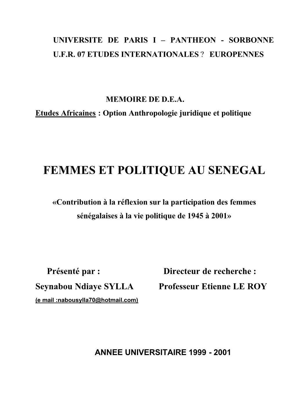 Femmes Et Politique Au Sénégal. Contribution À La Réflexion Sur La