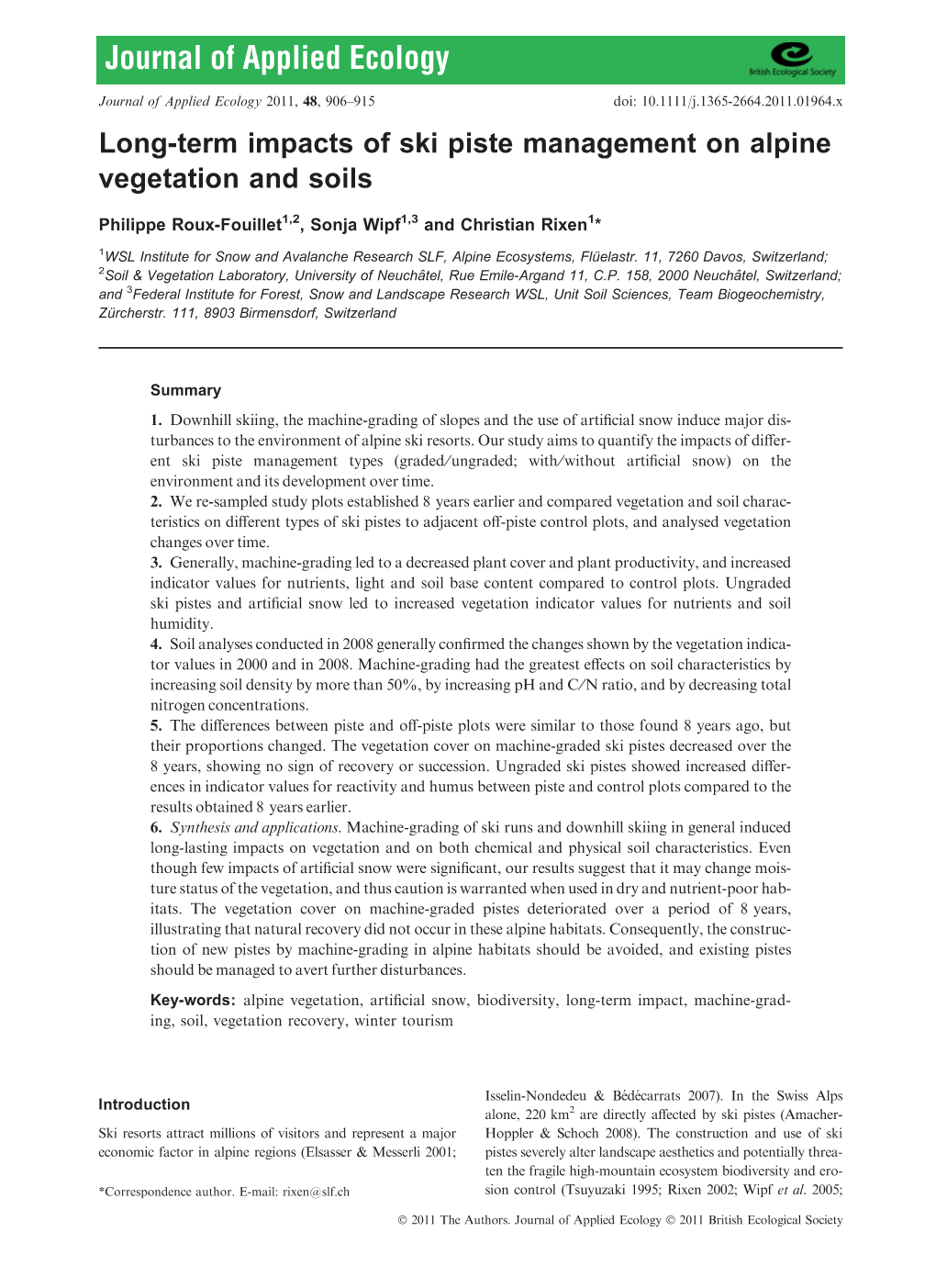 Longterm Impacts of Ski Piste Management on Alpine Vegetation