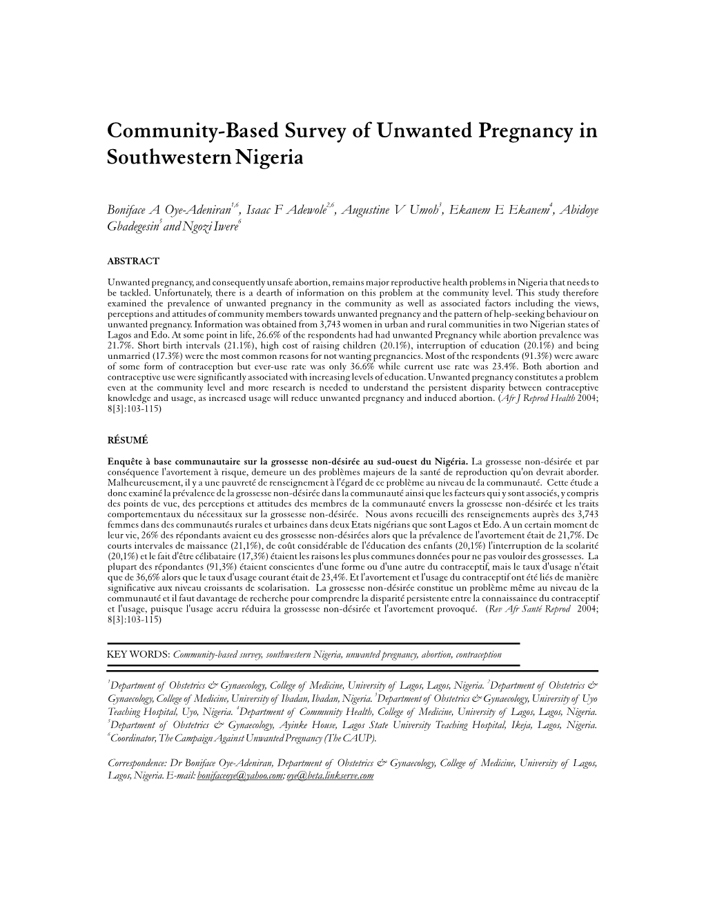 Community-Based Survey of Unwanted Pregnancy in Southwestern Nigeria