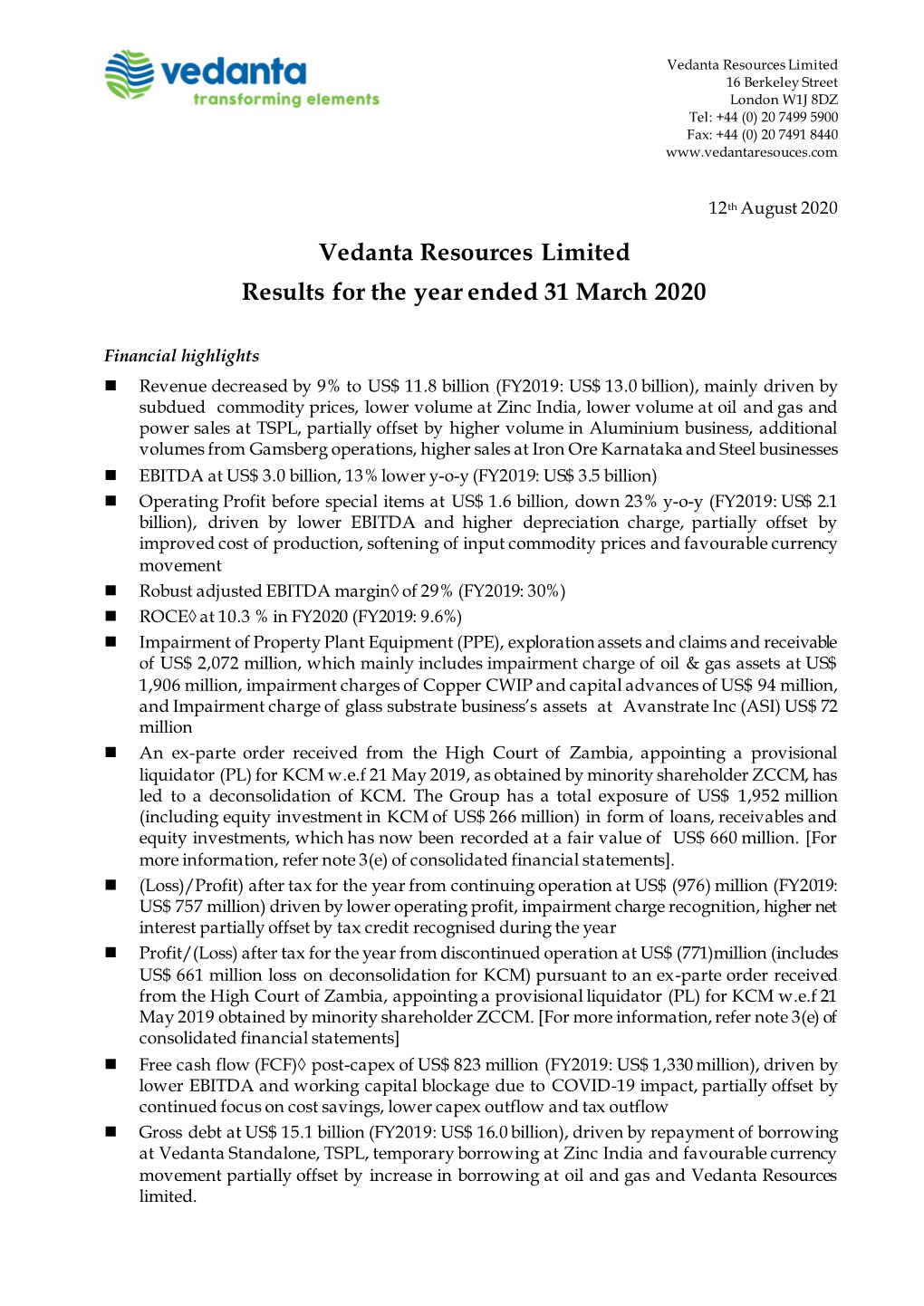 Vedanta Resources Limited Results for the Year Ended 31 March 2020