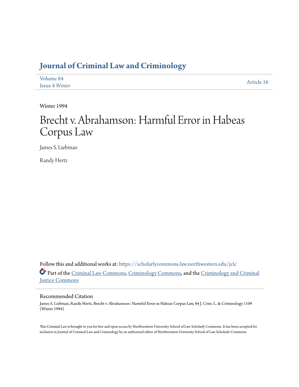 Brecht V. Abrahamson: Harmful Error in Habeas Corpus Law James S