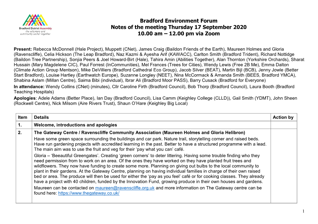 Bradford Environment Forum Notes of the Meeting Thursday 17 September 2020 10.00 Am – 12.00 Pm Via Zoom