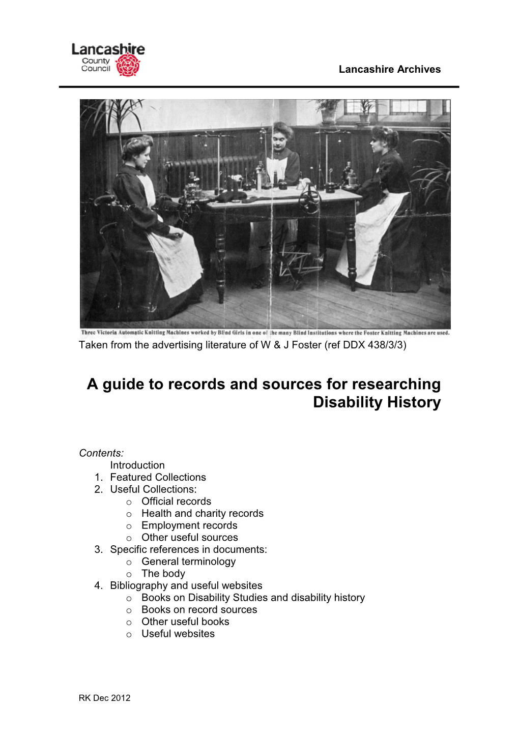 A Guide to Records and Sources for Researching Disability History