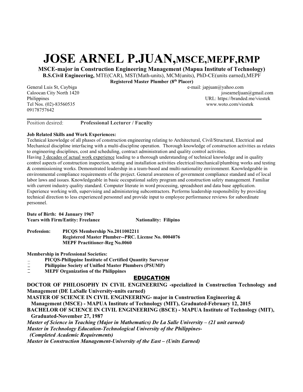 Curriculum Vitae of Jose Arnel P.Juan