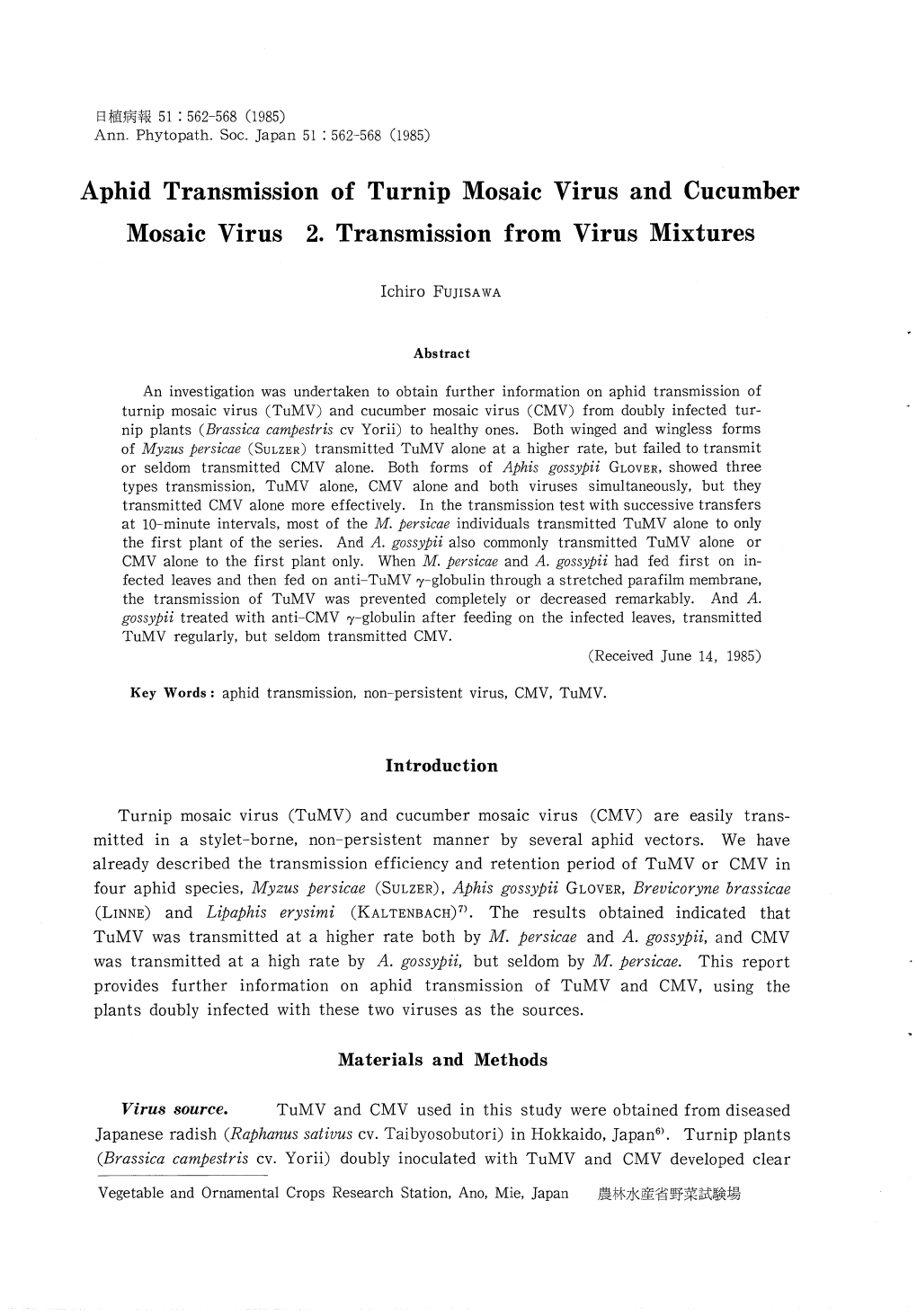 Aphid Transmission of Turnip Mosaic Virus and Cucumber