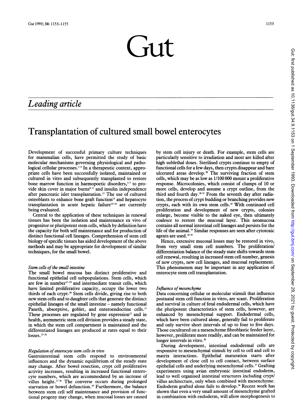 Leading Article Transplantation of Cultured Small Bowel Enterocytes