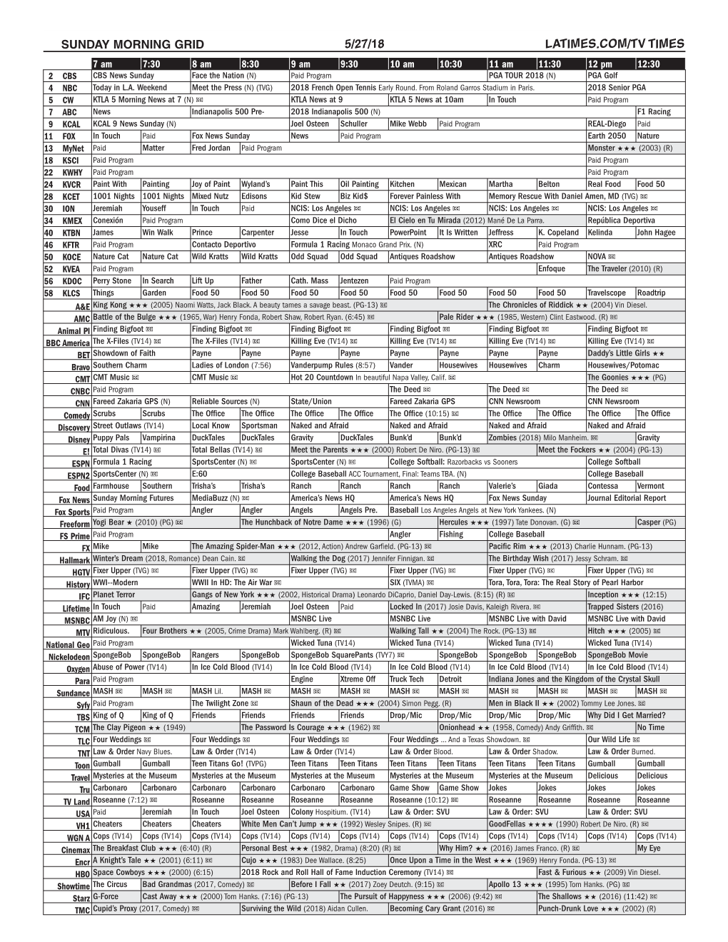 Sunday Morning Grid 5/27/18 Latimes.Com/Tv Times