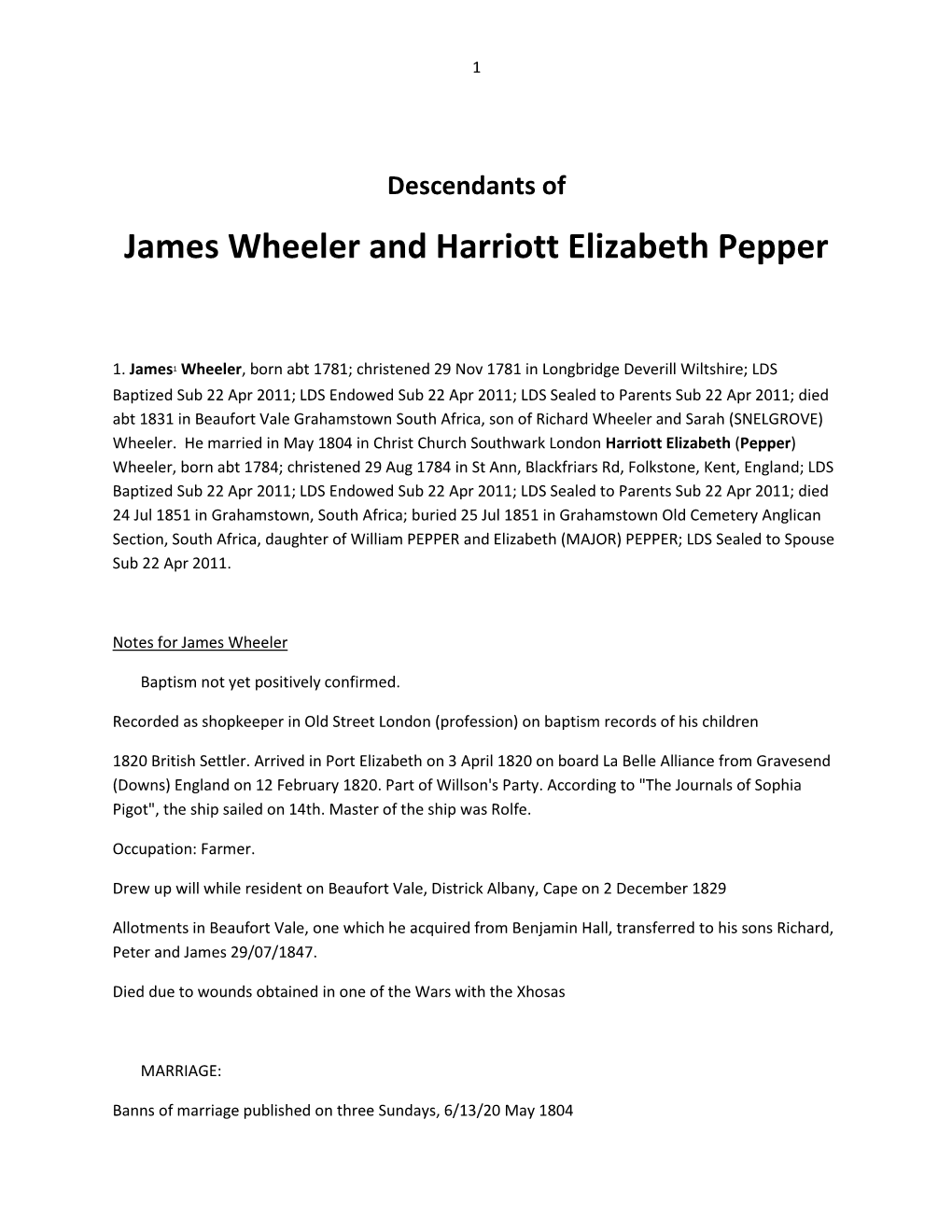 James Wheeler and Harriott Elizabeth Pepper