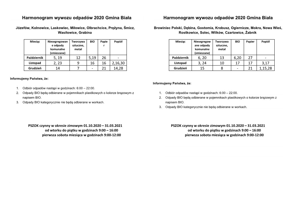 Harmonogram Wywozu Odpadów 2020 Gmina Biała Harmonogram Wywozu Odpadów 2020 Gmina Biała