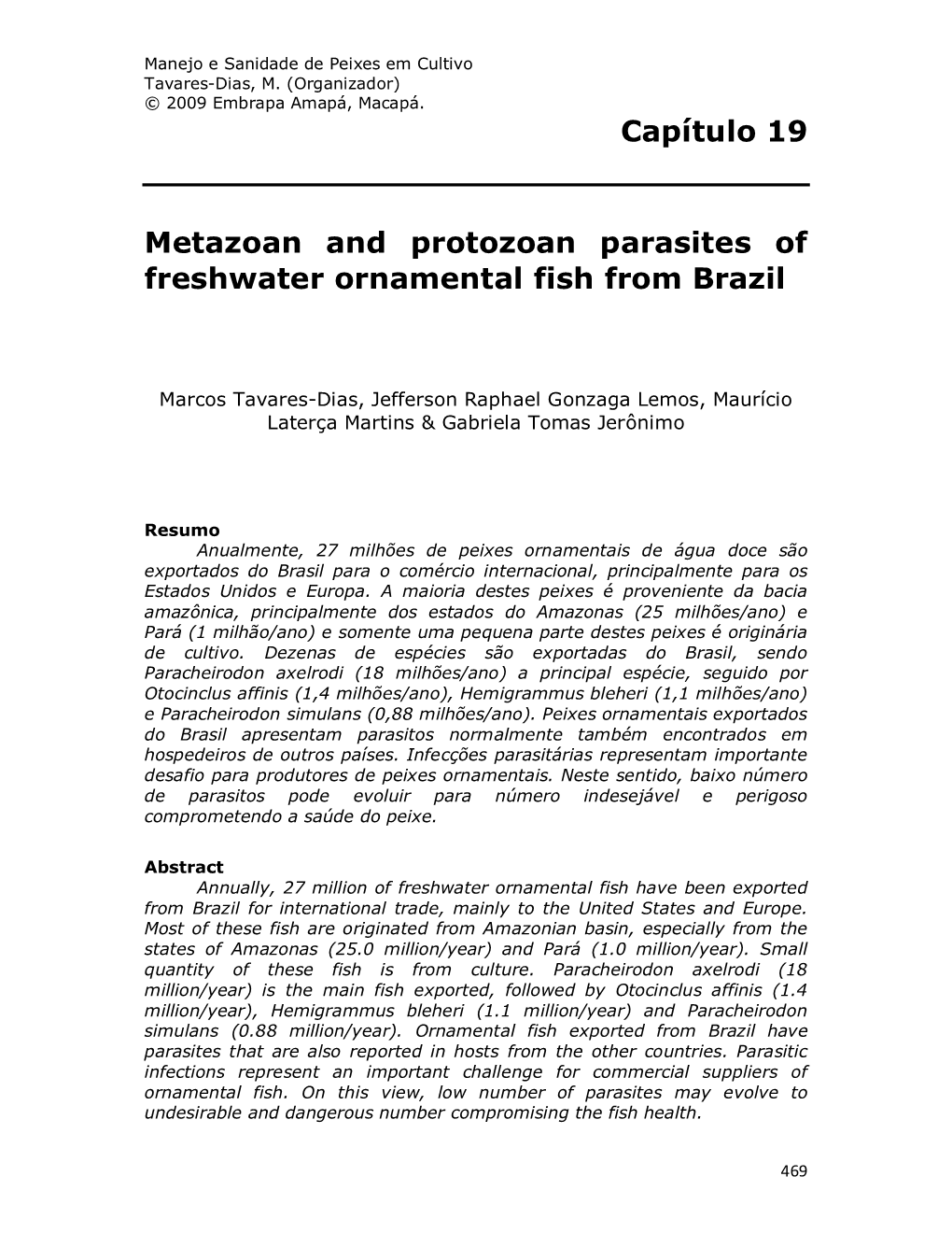 Capítulo 19 Metazoan and Protozoan Parasites of Freshwater
