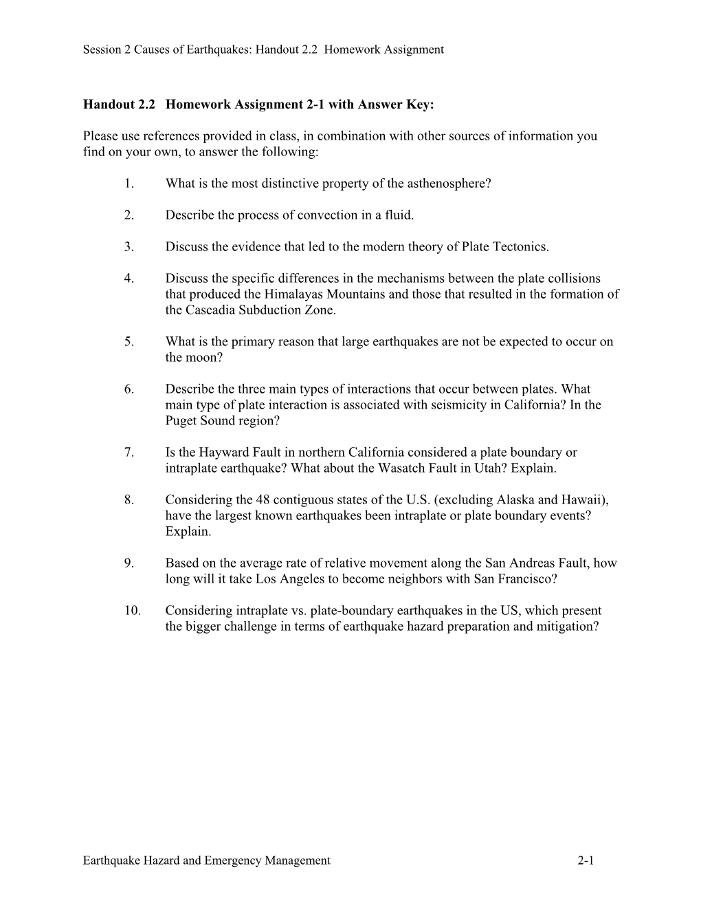 Handout 2.2 Homework Assignment 2-1 with Answer Key