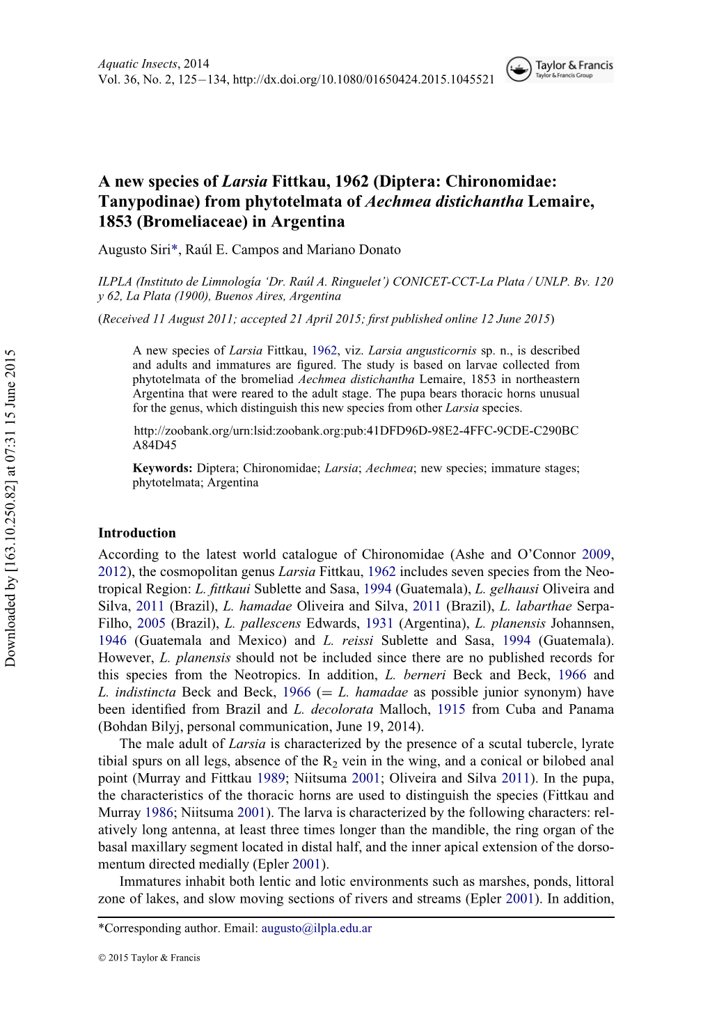 A New Species of Larsia Fittkau, 1962 \(Diptera: Chironomidae