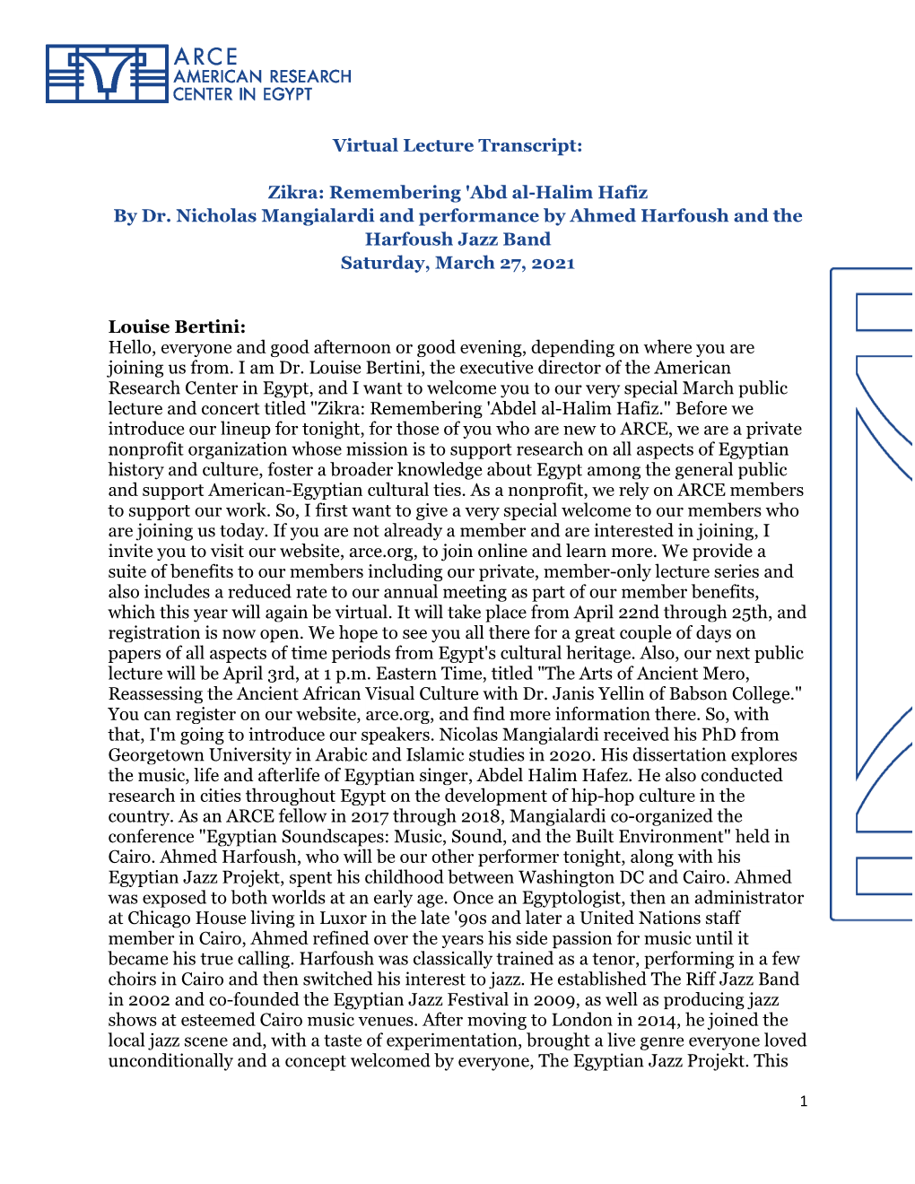 Zikra: Remembering 'Abd Al-Halim Hafiz by Dr. Nicholas Mangialardi and Performance by Ahmed Harfoush and the Harfoush Jazz Band Saturday, March 27, 2021